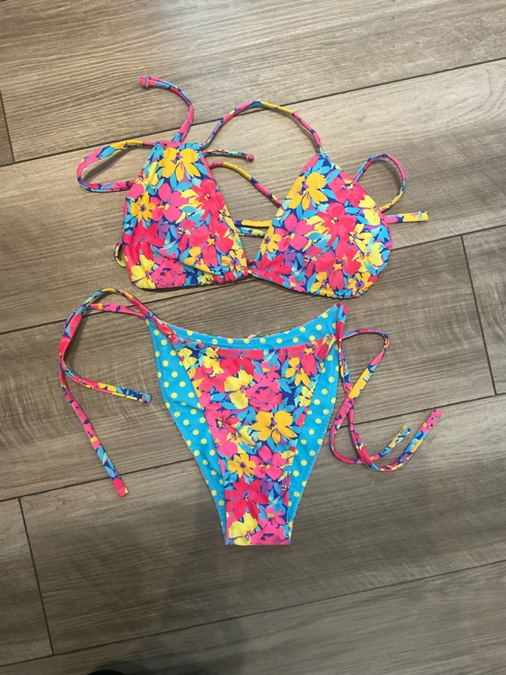 Floral Tie-Side Bikini - Pink, Yellow & Blue